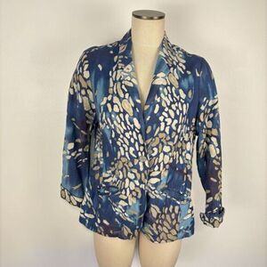 Coldwater Creek Blue Abstract Print Blazer Small Linen Blend Art To Wear